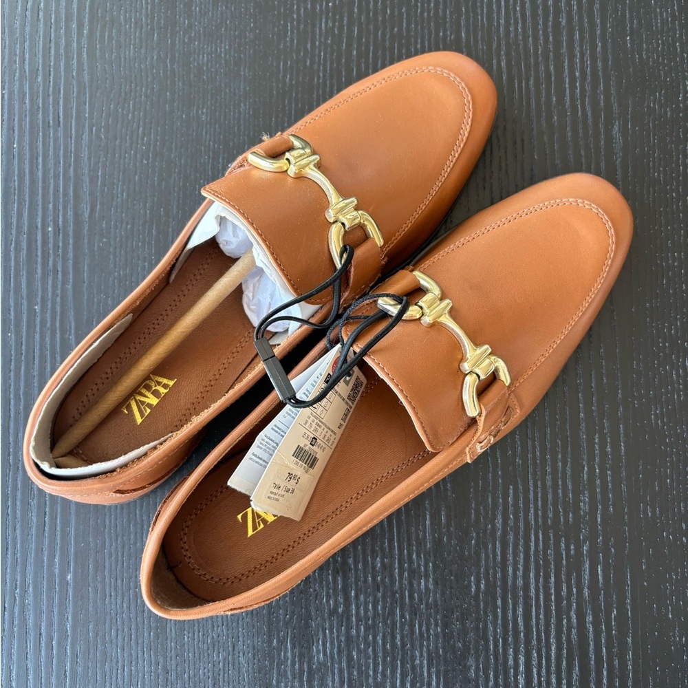 Zara Women's Tan Loafers with Gold Accents *New with tags